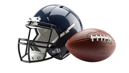 Naklejka premium Football gear: A close-up shot features a new football helmet and ball, perfectly composed for a crisp and clear look at equipment, gear and sporty objects.