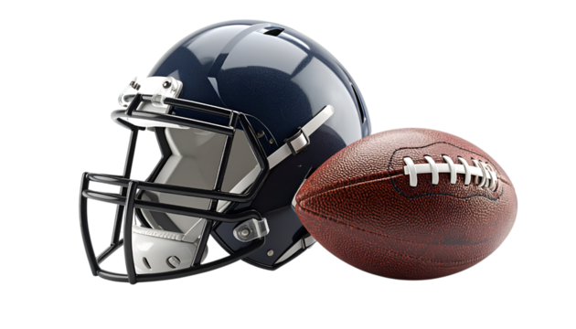 Football gear: A close-up shot features a new football helmet and ball, perfectly composed for a crisp and clear look at equipment, gear and sporty objects.