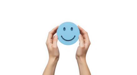 Hands holding a blue smiley face against a plain transparent background