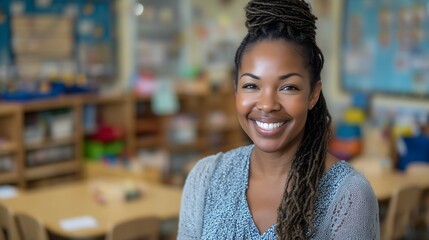 African American kindergarten teacher smiling indoors. Concept of early education.
