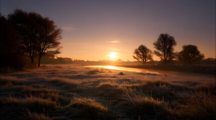 Sunrise Over the Meadow: As dawn breaks, the meadow is cast in a golden glow, with the sun rising serenely, and creating a tranquil scene. 