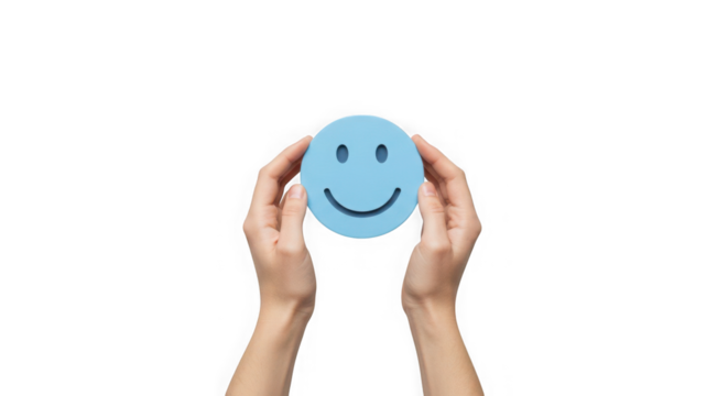 Hands holding a blue smiley face against a plain transparent background