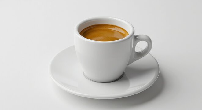 A small espresso shot in a white porcelain demitasse cup with saucer