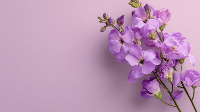 Elegant Ikebana style arrangement of delicate purple matthiola stock flowers on a pale lavender background with vast copy space.