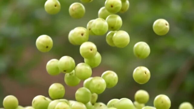 Fresh Green Amla Fruits Falling Against Blurred Green Foliage Background