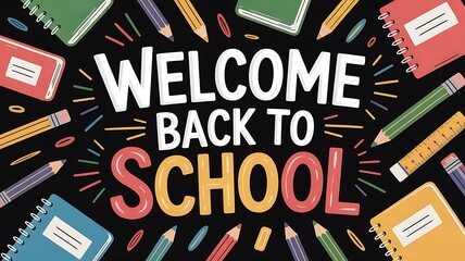 Chalkboard with Welcome Back to School Drawing and Education Icons, Back to school design template for invitation, promotion poster, banner, created with generative ai