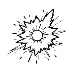 Obraz premium Black and white graphic design of a radiating explosion effect with a central circle. Abstract graphic design element for comic books, animation, or posters.