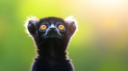 Fototapeta premium Black Lemur with Big Orange Eyes in Sunlight
