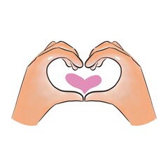 งานศิลปะที่Cute illustration of two hands forming a heart shape, in a warm, light skin tone with subtle shading. A smaller, solid pink heart inside emphasizes love, all against a clean white bg