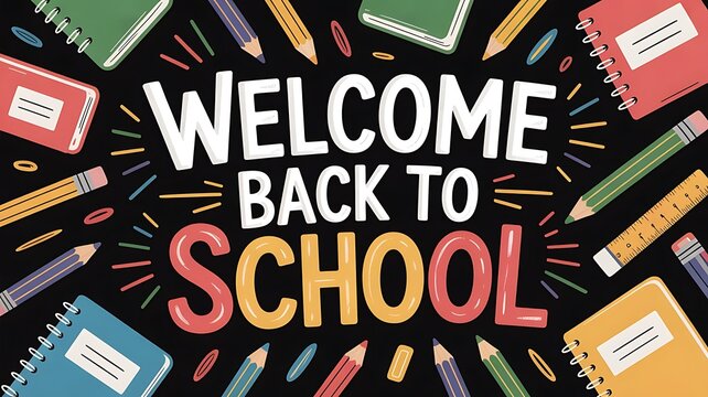 Chalkboard with Welcome Back to School Drawing and Education Icons, Back to school design template for invitation, promotion poster, banner, created with generative ai - Powered by Adobe