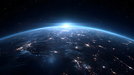 Obraz premium Spectacular Earth From Space: A mesmerizing view of planet Earth from space, with the radiant sun's embrace illuminating the horizon. A visual celebration of our shared home.