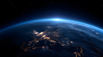 Obraz premium Celestial Embrace: An awe-inspiring depiction of Earth from space, highlighting the vibrant glow of city lights amidst the serene darkness. Witness the celestial dance of light and shadow.