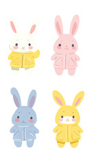 Obraz premium Four cartoon rabbits in pastel colors, wearing raincoats