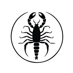 Scorpio zodiac sign graphic in a circular frame. Silhouette of a scorpion in a centered pose against a plain background.
