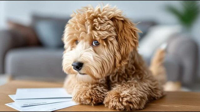 Pet insurance for dogs cats protects furry animals with cute dog resting on table in cozy home providing peace of mind and care for beloved pets in loving environment