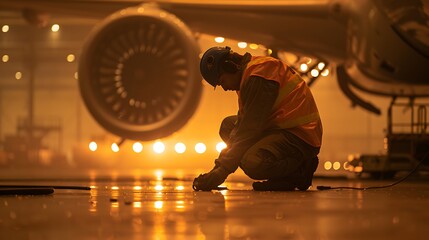 Aircraft Mechanic Working on Jet Engine at Night