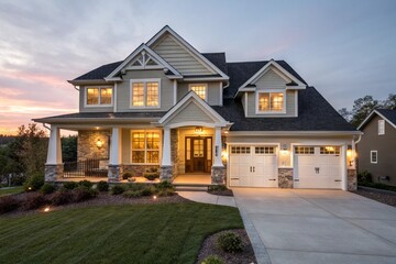 Modern luxury home exterior at dusk with glowing windows, manicured lawn, stylish porch, garage, and elegant design. Ideal for real estate, architecture, and property listings.