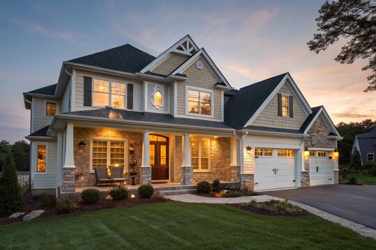 Modern luxury home exterior at dusk with glowing windows, manicured lawn, stylish porch, garage, and elegant design. Ideal for real estate, architecture, and property listings. - Powered by Adobe