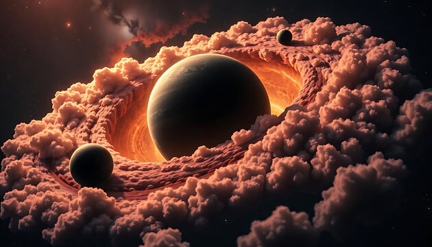 A dramatic depiction of two planets with fiery orange clouds and glowing atmospheres, creating a surreal cosmic scene, detailed in 4K and HD.
