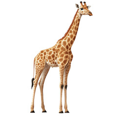Fototapeta premium Giraffe, standing pose, isolated on transparent PNG, realistic style, wildlife illustration.