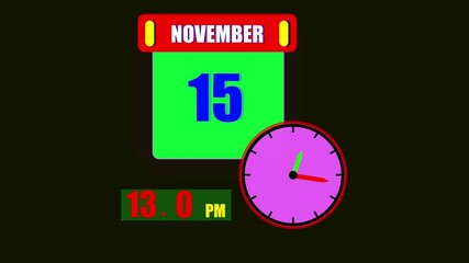 Calendar displaying November 15th day with a clock and 24 hours counting the current time on a dark background.