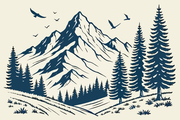 Majestic mountain range with pine trees and soaring birds in silhouette