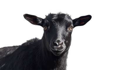 Black Goat Portrait, Isolated on Transparent PNG, Serious Expression, Farm Animal