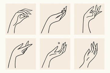 Elegant line art of six different graceful female hands in various poses