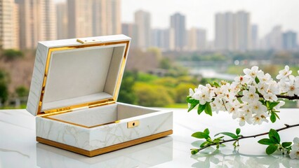 Elegant marble box displayed with cherry blossom branches against a city skyline view in bright daylight