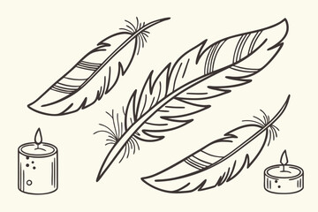Hand drawn illustration of three feathers and two lit candles on a cream background
