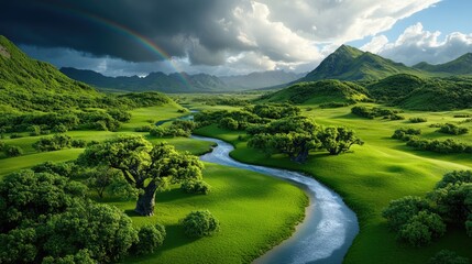 Rainbow arching over lush valley with distant peaks after a summer rainstorm.