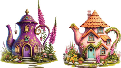 Fototapeta premium Whimsical Garden Teapot Homes: Magical Hand-Painted Illustrations
