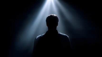 Silhouette Under Spotlight: A lone figure stands in shadow, illuminated by a bright spotlight from above, creating a powerful sense of mystery, introspection, and the quest for knowledge.
