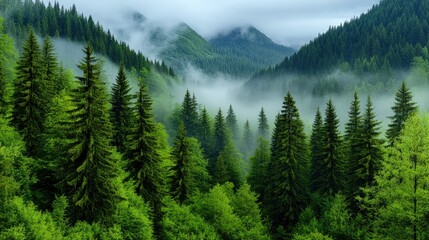 Fog envelopes the forest, leaving only the peaks of towering pines visible in the morning haze.