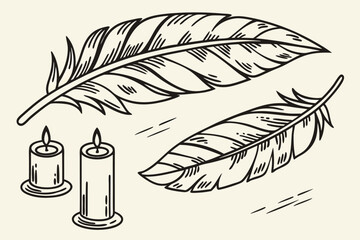 Vintage illustration of two lit candles and two detailed feathers on a cream background