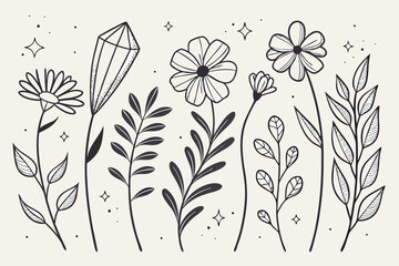 Hand drawn botanical illustration with flowers leaves and crystal on beige background