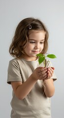 a child with Hands holding a young plant isolated on a white background
