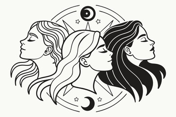 Three women in profile with celestial symbols and stars in a circular design