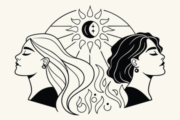 Two women profiles facing each other with sun and moon symbols in between