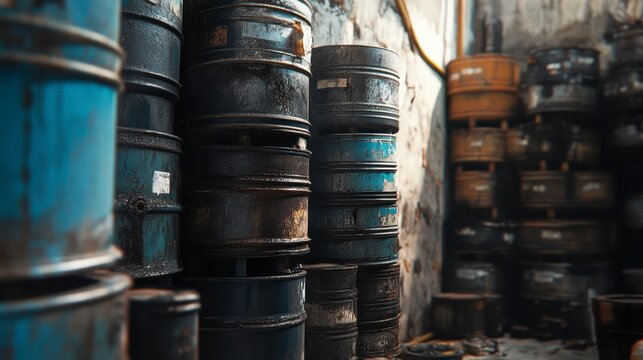 Stacked rusty and paint-chipped industrial barrels in a warehouse.