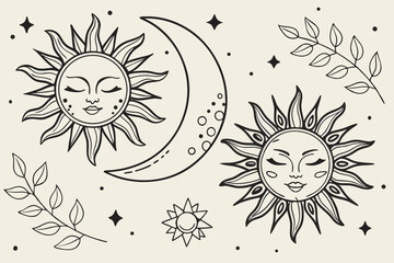 Bohemian celestial design with sun moon stars and floral elements