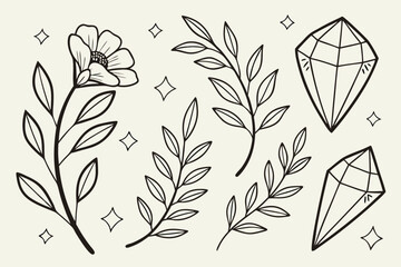 Hand drawn botanical elements and crystals with sparkling stars on a cream background