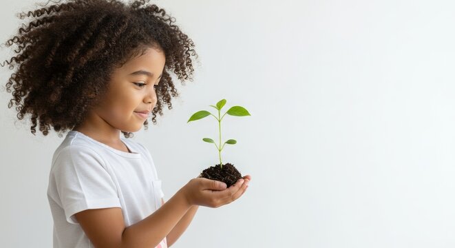 a child with Hands holding a young plant isolated on a white background - Powered by Adobe