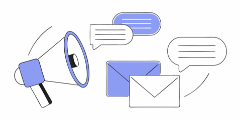 Sketch business communication elements vector, hand-drawn speech bubbles, megaphones, and emails.
