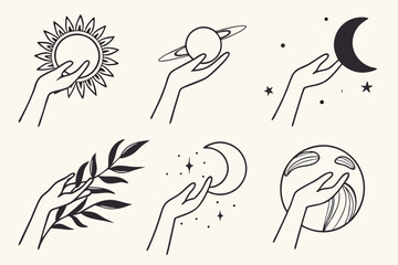 Collection of celestial and botanical line art illustrations with hands holding elements
