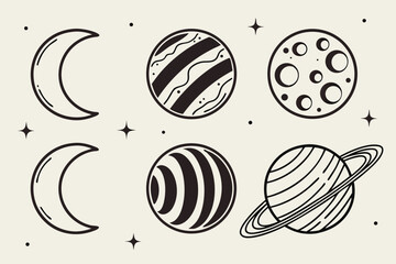 Whimsical line art collection of celestial bodies and planets with stars