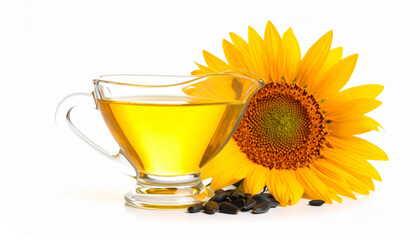 Sunflower seed oil in a glass gravy boat and sunflower flowers against a white isolated background.