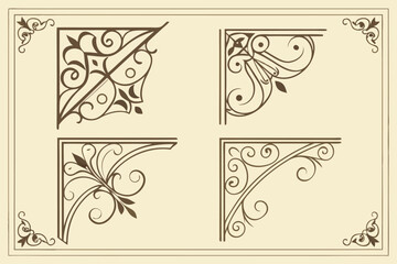 Collection of four ornate vintage decorative corner elements for design