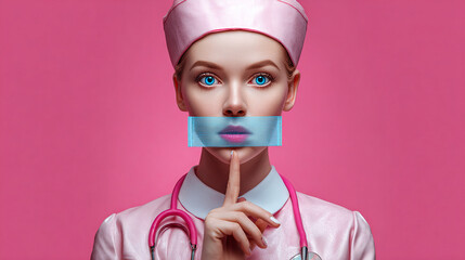 Silence requested from a beautiful medical professional, concept depicting secrecy, health, and awareness, using pink tones