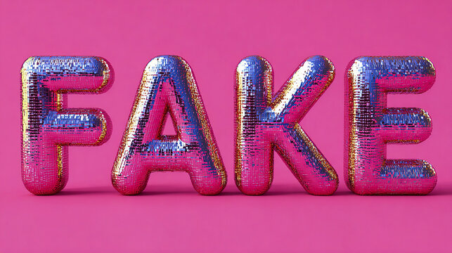 Shiny textured letters spell out 'FAKE' on a bright pink background, a symbol of falsehood and deception.